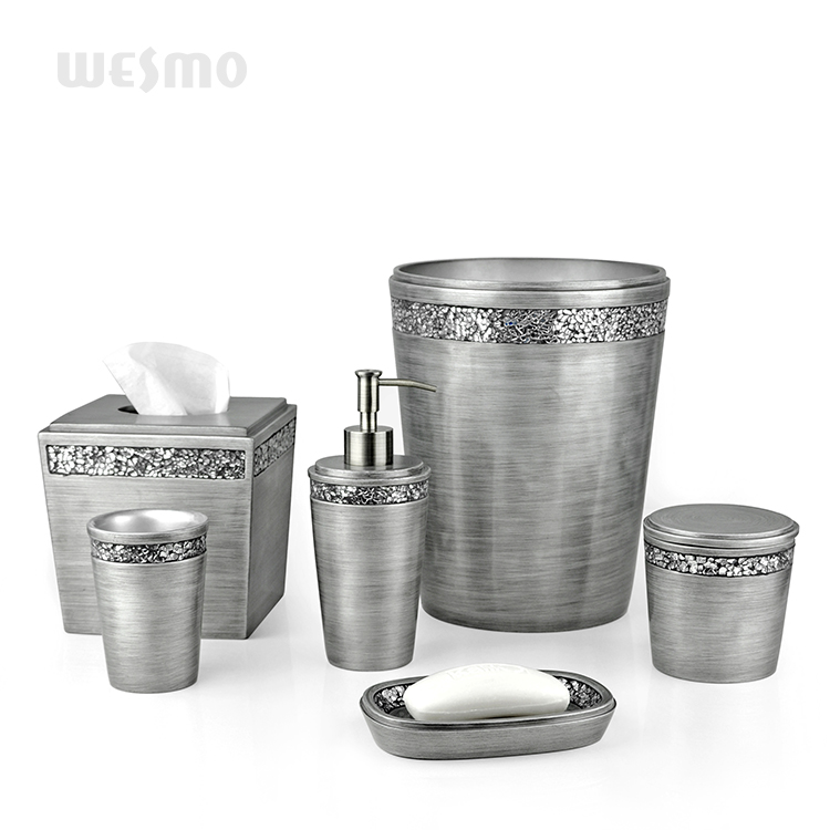 Factory Direct Sale Morden Luxurious Silver Polyresin Bathroom Accessories Set 6 Piece